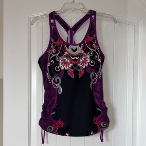 ATHLETA Floral Print T-back Tankini Top in Black and Purple Large